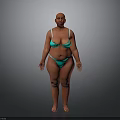 Bald Curvy Woman In Green Bikini Standing Full Body Against Gray Background