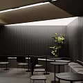 Modern Cafe Interior With Dark Walls Wooden Ceiling Lighting And Green Plant