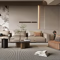 Modern Minimalist Living Room With Beige Sofa Brown Armchair And Striped Rug
