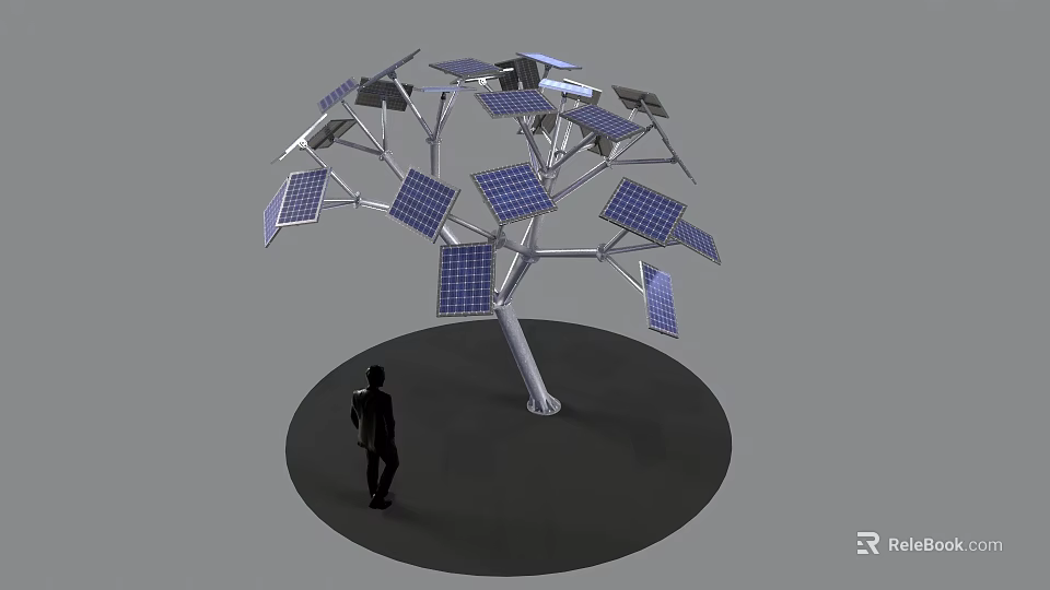Modern Solar Tree Design With Solar Panels And Standing Person Nearby 3d model 