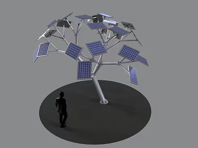 Modern Solar Tree Design With Solar Panels And Standing Person Nearby 3d model
