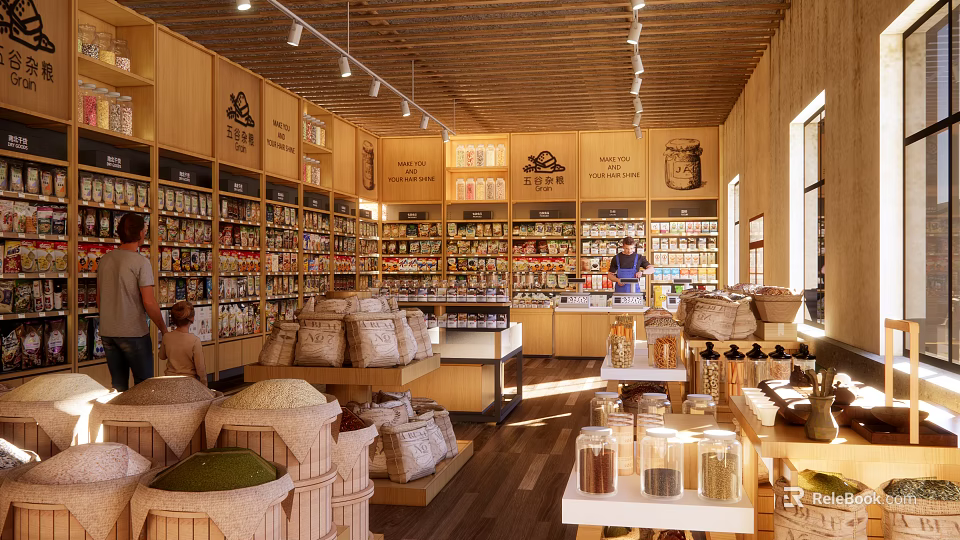 Spacious Mall Retail Store Interior Featuring Wooden Shelves Various Products And Shopping Customers 3d model 