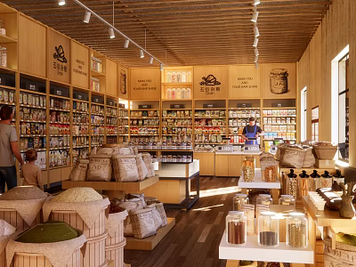 Spacious Mall Retail Store Interior Featuring Wooden Shelves Various Products And Shopping Customers 3d model