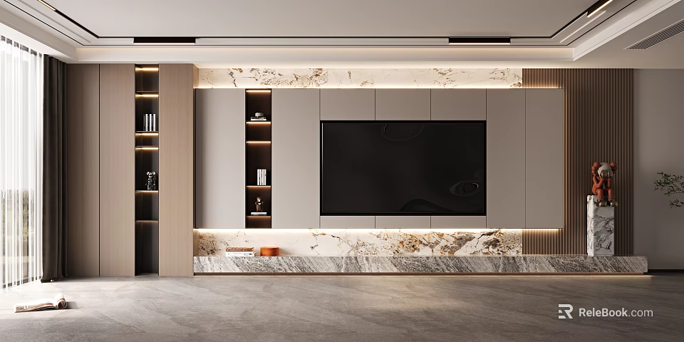 Modern TV Background Wall Design With Marble Accents And Shelves 3d model 