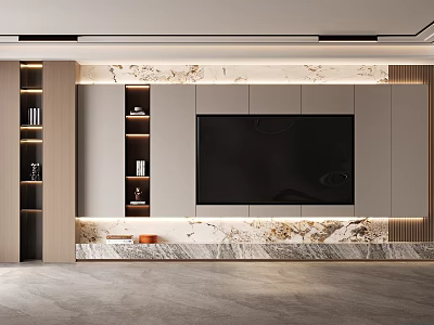 Modern TV Background Wall Design With Marble Accents And Shelves 3d model