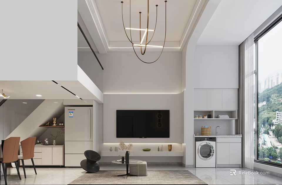 Modern Living Dining Room Interior Design With Chandelier TV White Cabinets Dining Table And Chairs 3d model 
