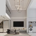 Modern Living Dining Room Interior Design With Chandelier TV White Cabinets Dining Table And Chairs