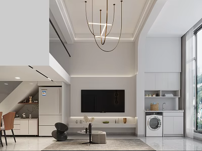 Modern Living Dining Room Interior Design With Chandelier TV White Cabinets Dining Table And Chairs 3d model