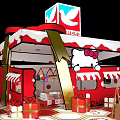 Red Hello Kitty Themed Booth With Hexagonal Floor And Seating Setup 3d model