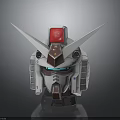 Robot Character Head with Mechanical Design White Body Red Top Pointed Horns and Green Eyes