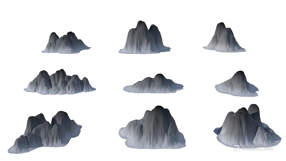 Garden Landscape Featuring Various Shaped Rockery Models Arranged In Grid 3d model