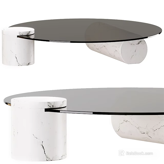 Modern Round Coffee Table With Black Glass Top And White Marble Columns 3d model 