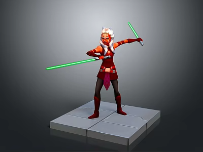 Red Outfit Warrior Character With Headpiece Holding Green Lightsabers Standing On Platform 3d model