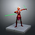Red Outfit Warrior Character With Headpiece Holding Green Lightsabers Standing On Platform