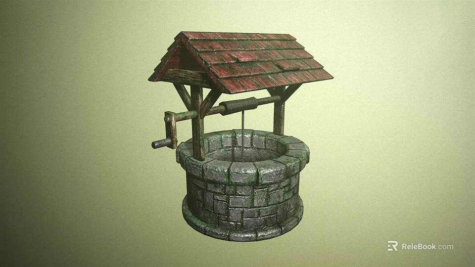 Traditional Garden Ornament Featuring Ancient Well With Red Tiled Roof Stone Body And Wooden Crank 3d model 