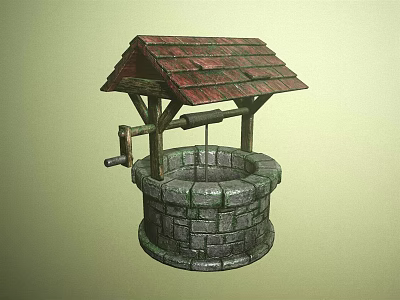 Traditional Garden Ornament Featuring Ancient Well With Red Tiled Roof Stone Body And Wooden Crank 3d model