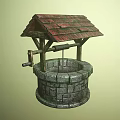 Traditional Garden Ornament Featuring Ancient Well With Red Tiled Roof Stone Body And Wooden Crank