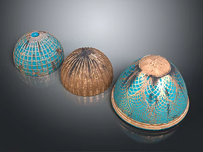 Cartoon Scene Displaying Three Decorative Bowls With Diverse Patterns Colorful Hues And Metallic Accents 3d model