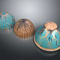 Cartoon Scene Displaying Three Decorative Bowls With Diverse Patterns Colorful Hues And Metallic Accents