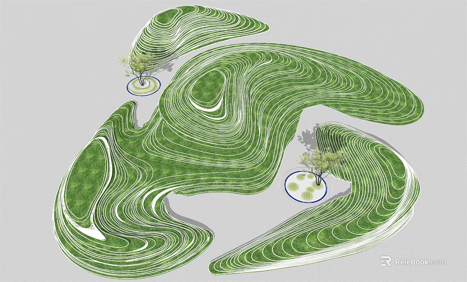 Park Landscape Design Featuring Rolling Green Terrain and Scattered Trees 3d model 