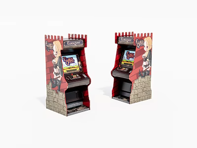 Two Miniature Arcade Machines With Retro Brick Wall Design And Cartoon Graphics 3d model