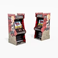 Two Miniature Arcade Machines With Retro Brick Wall Design And Cartoon Graphics