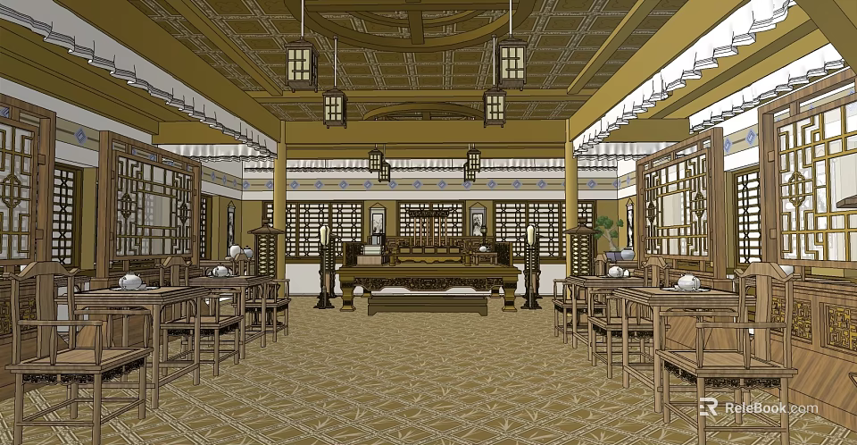 Traditional Chinese Ancient Architecture Interior With Wooden Structure Hanging Lanterns And Furniture 3d model 