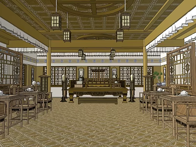 Traditional Chinese Ancient Architecture Interior With Wooden Structure Hanging Lanterns And Furniture 3d model