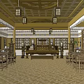 Traditional Chinese Ancient Architecture Interior With Wooden Structure Hanging Lanterns And Furniture
