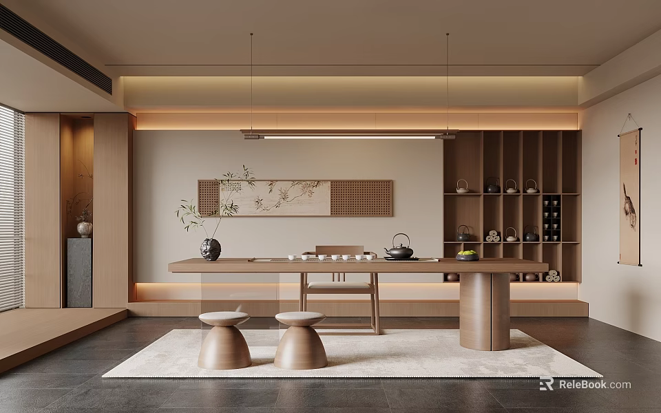 Minimalist Wooden Tea Room With Tea Table Stools Decorative Painting And Hanging Lights 3d model 