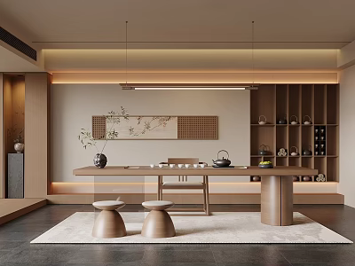 Minimalist Wooden Tea Room With Tea Table Stools Decorative Painting And Hanging Lights 3d model