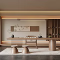 Minimalist Wooden Tea Room With Tea Table Stools Decorative Painting And Hanging Lights