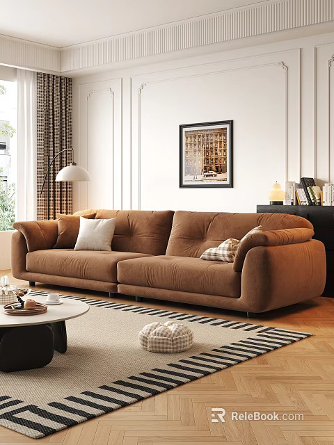 Brown Plush Sectional Sofa With Pillows Coffee Table Floor Lamp In Modern Living Room 3d model 