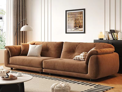 Brown Plush Sectional Sofa With Pillows Coffee Table Floor Lamp In Modern Living Room 3d model