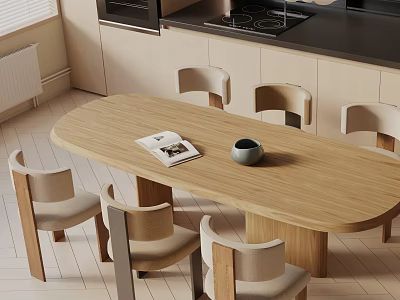 Modern Wooden Oval Dining Set With Six Light Wood Beige Cushioned Chairs Magazine And Cup 3d model