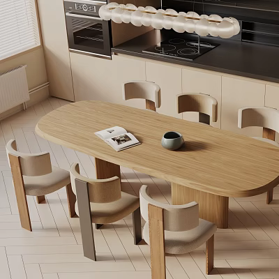 Modern Wooden Oval Dining Set With Six Light Wood Beige Cushioned Chairs Magazine And Cup 3d model