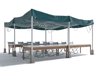 Green Outdoor Canopy Covered Patio with Long Wooden Table Chairs and String Lights 3d model