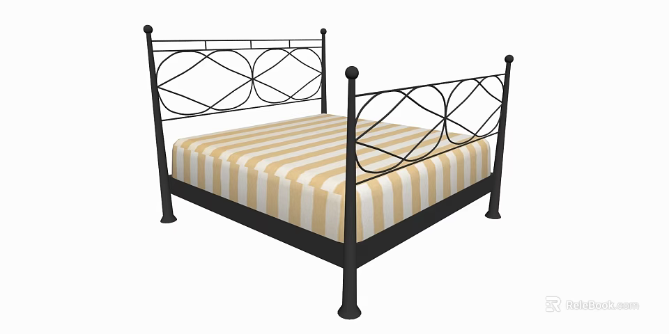 Double Bed With Black Metal Frame Ornate Design And Yellow White Striped Mattress 3d model 