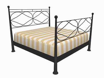 Double Bed With Black Metal Frame Ornate Design And Yellow White Striped Mattress 3d model