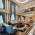 Luxurious Duplex Living Room Interior With Grand Chandelier Fireplace Blue Sofa And Decorative Furniture