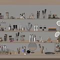 Elegant Perfumes and Cosmetics Display on Shelves with Various Beauty Products