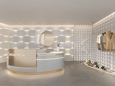 Modern Reception Desk Interior Design With Circular Shape Wavy Wall Clothing And Shoe 3d model