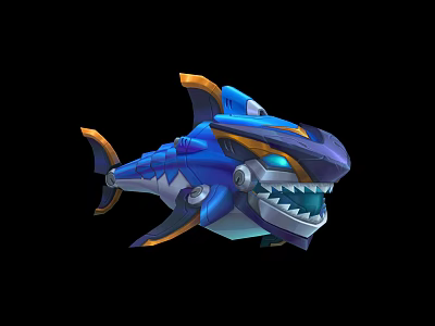 Mechanical Shark Game Character with Blue Orange Design Sharp Teeth Futuristic Metal Parts 3d model