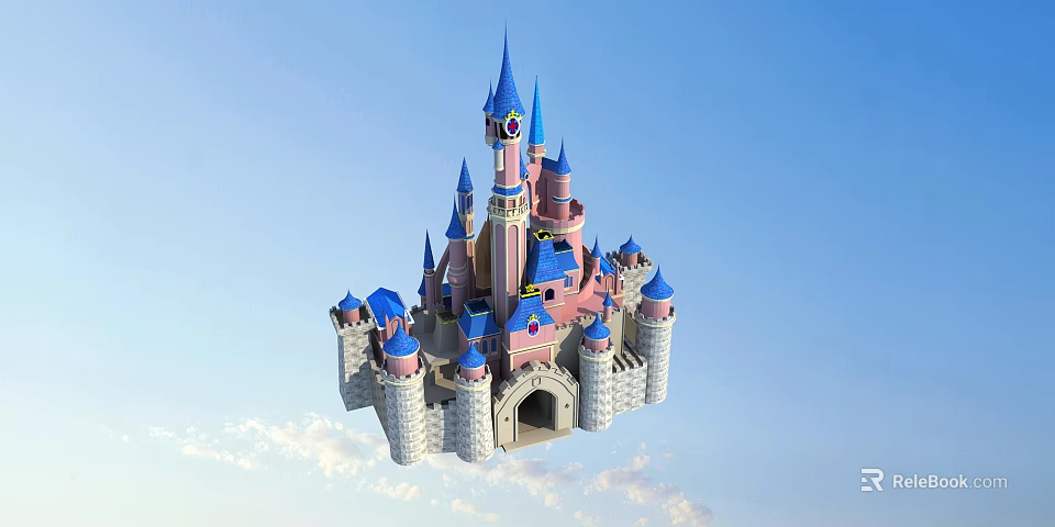 Ancient Castle With Blue Spires Pink Walls White Towers Arched Entrance Against Blue Sky 3d model 