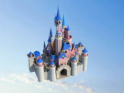 Ancient Castle With Blue Spires Pink Walls White Towers Arched Entrance Against Blue Sky 3d model