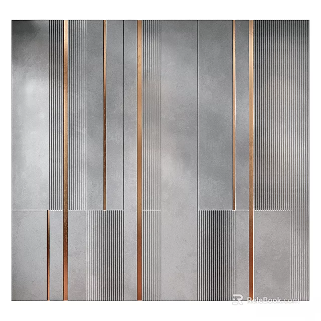 Modern Wall Decor Featuring Gray Textured Panels And Gold Vertical Accent Lines 3d model