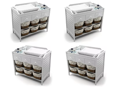 Modern White Bathroom Cabinet Rack With Drawers Woven Baskets And Towel Storage 3d model