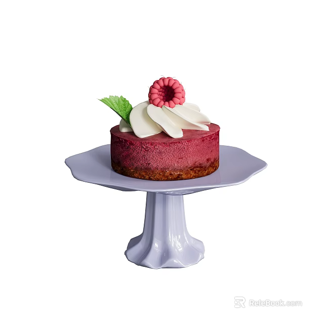 Red Cake With White Cream Topping Pink Flower And Green Leaf On White Stand 3d model 