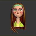 3D Game Movie Character With Orange Long Hair Green Headband Pink Glasses And Yellow Top