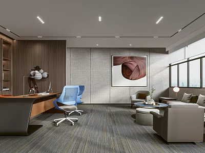 Modern Office Interior With Blue Office Chair Sofa Coffee Table Wall Art And Natural Light 3d model